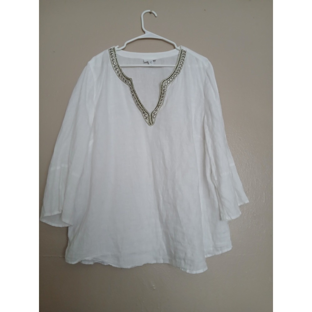 J Jill Top XL Love Linen Tunic Embroidered Cottage Hippie Peasant Boho Bohemian